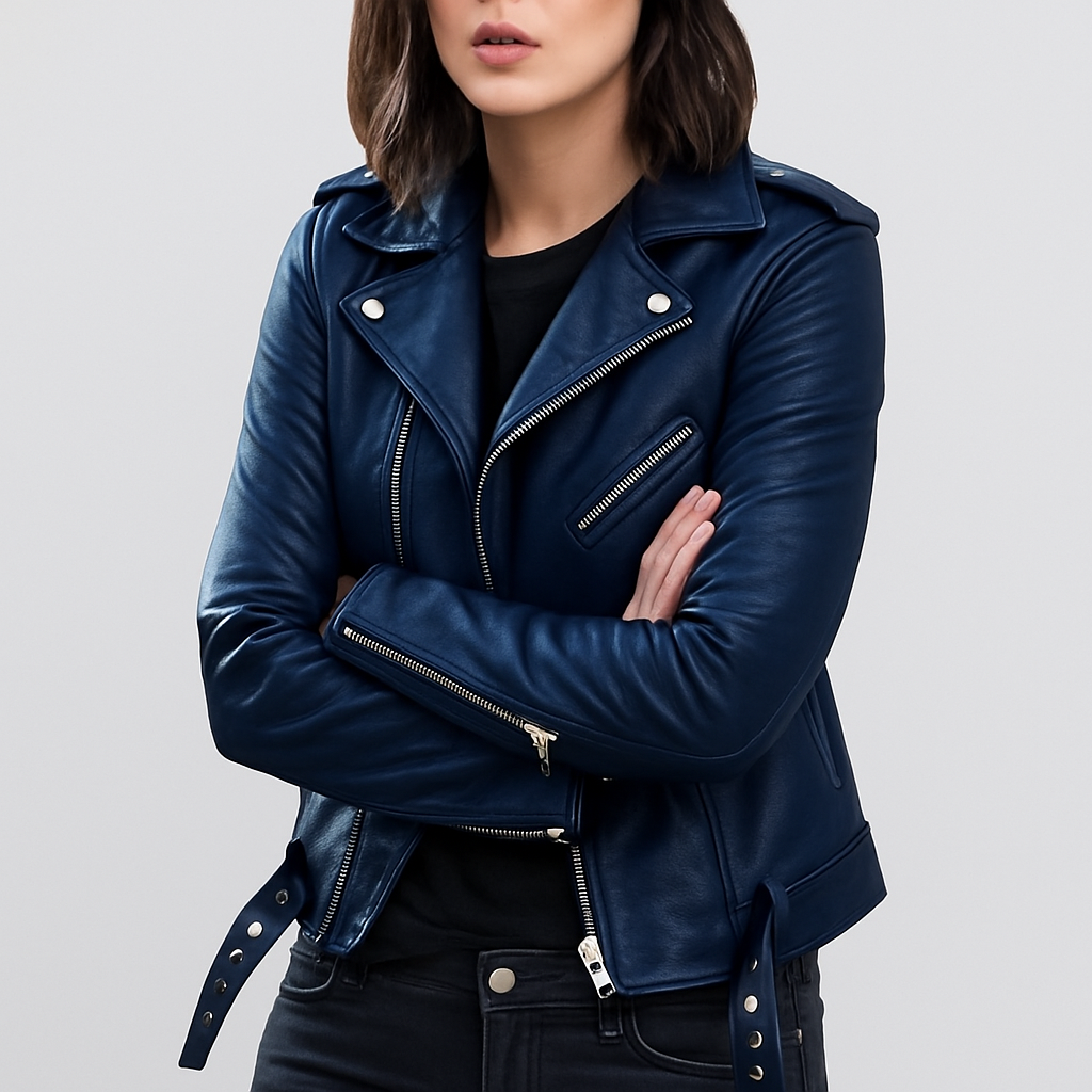 Blouson femme en cuir, coupe cintrée, style motard