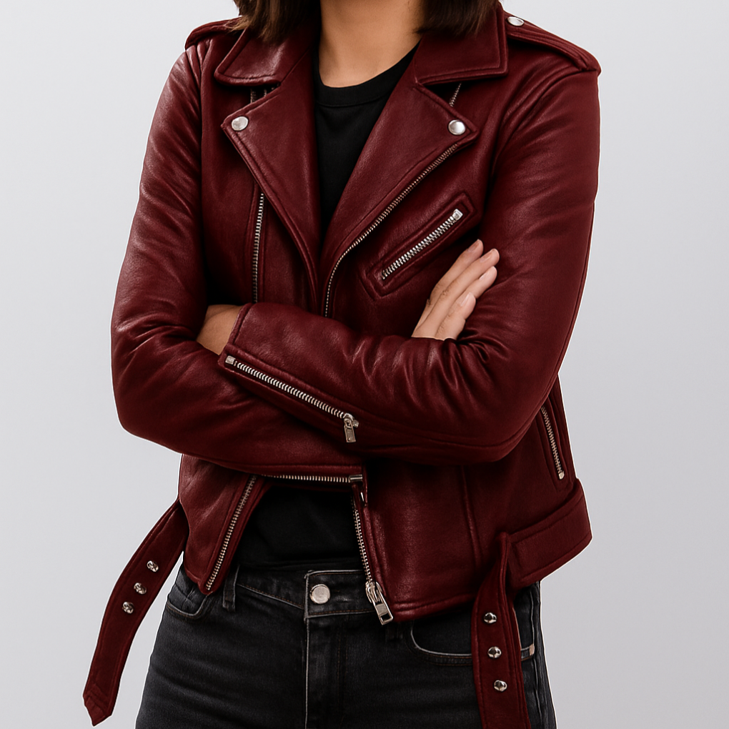 Blouson femme en cuir, coupe cintrée, style motard