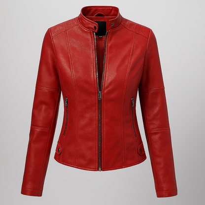 Blouson en cuir rouge femme coupe slim style motard