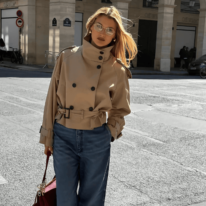 Trench-coat court pour femme, chic, avec ceinture, pour l&