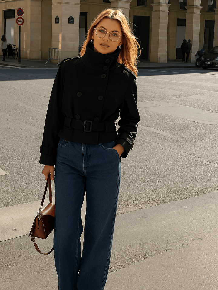 Trench-coat court pour femme, chic, avec ceinture, pour l&
