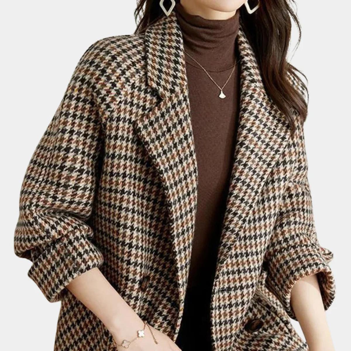 Manteau long d'hiver pour femme motif carreaux vintage