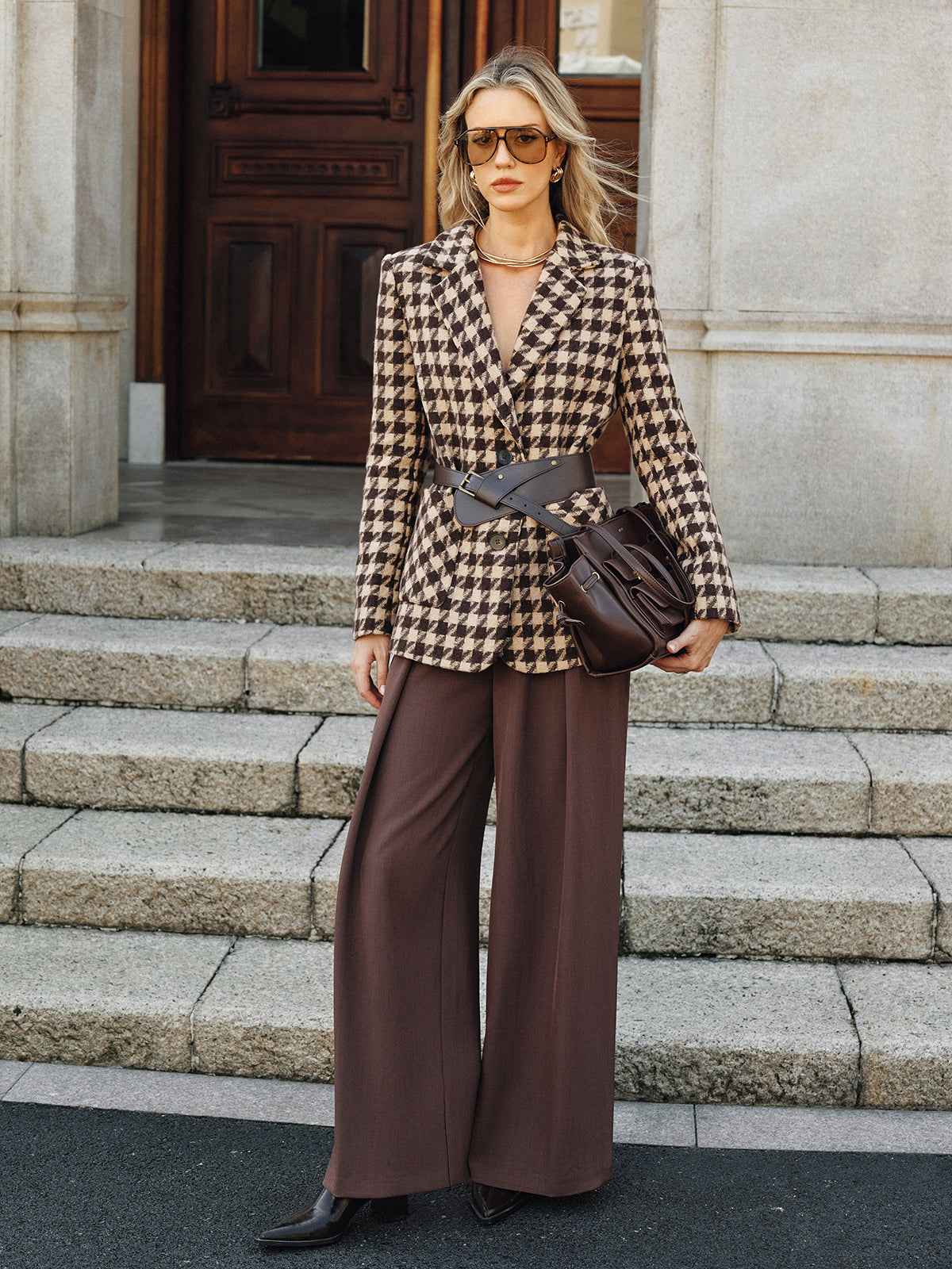 Blazer pied-de-poule stylé - Manches longues avec détail ceinture