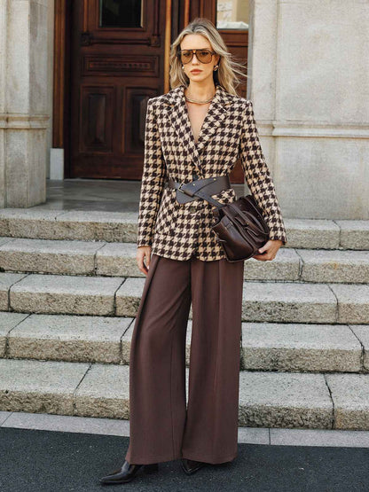 Blazer pied-de-poule stylé - Manches longues avec détail ceinture
