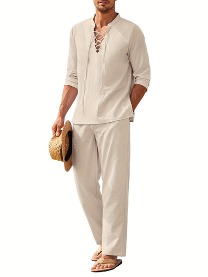 Ensemble costume en lin pour homme, manches longues, été