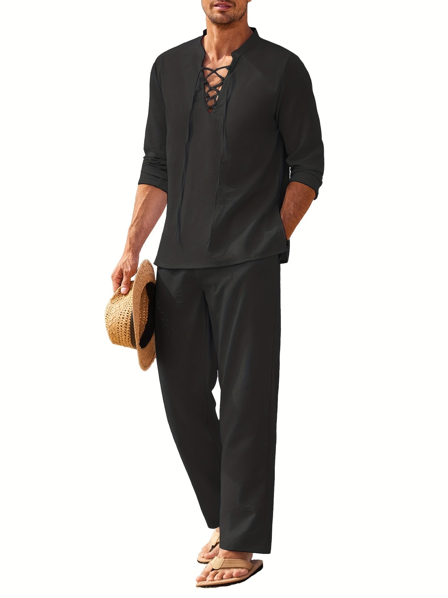Ensemble costume en lin pour homme, manches longues, été