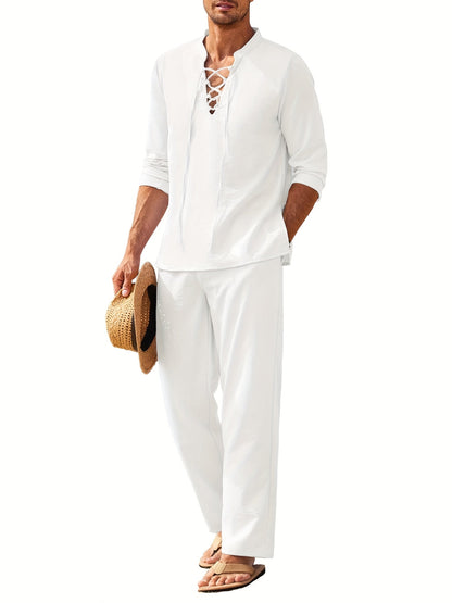 Ensemble costume en lin pour homme, manches longues, été