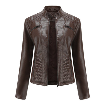 Veste en cuir style motard col montant aspect côtelé