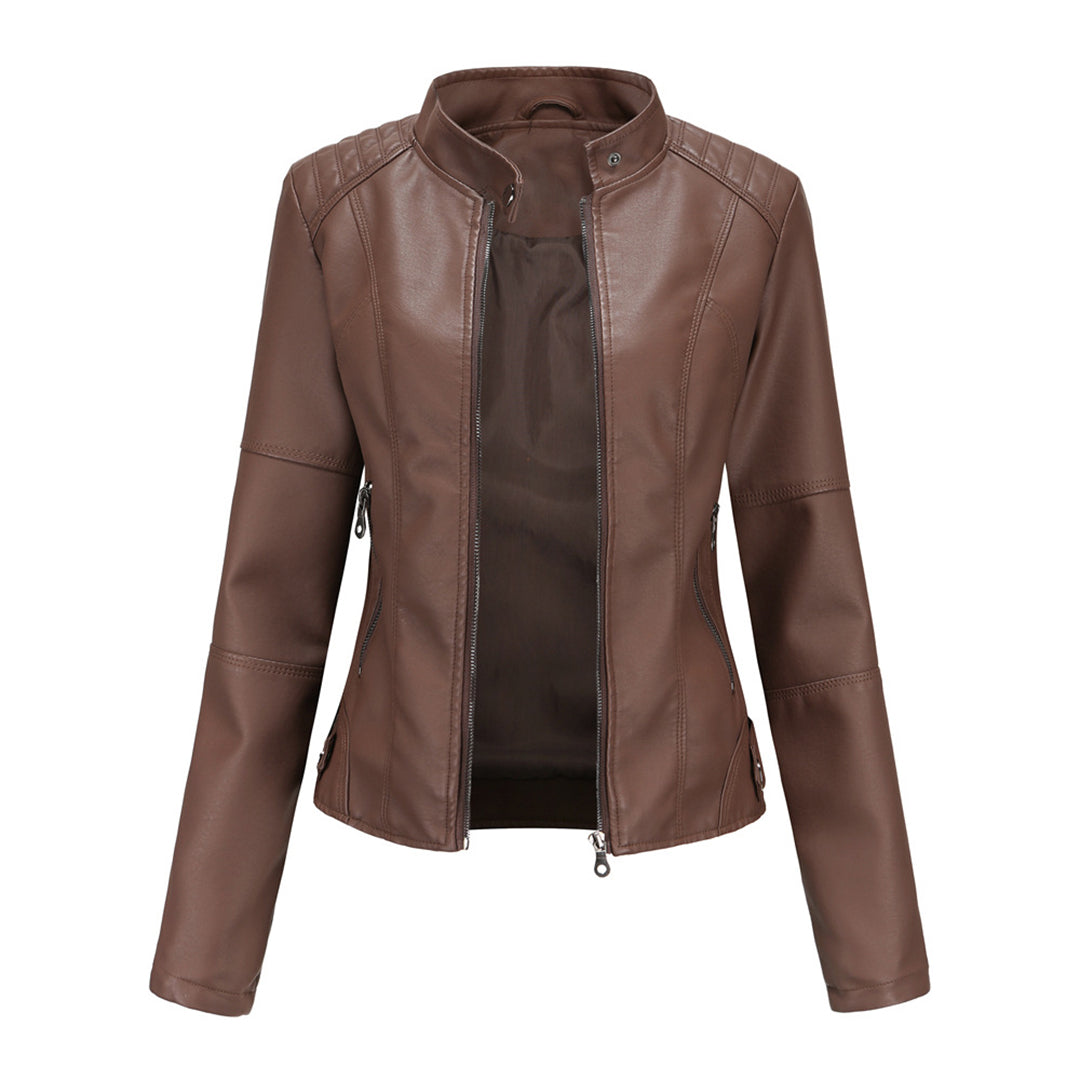 Blouson en cuir style motard col montant