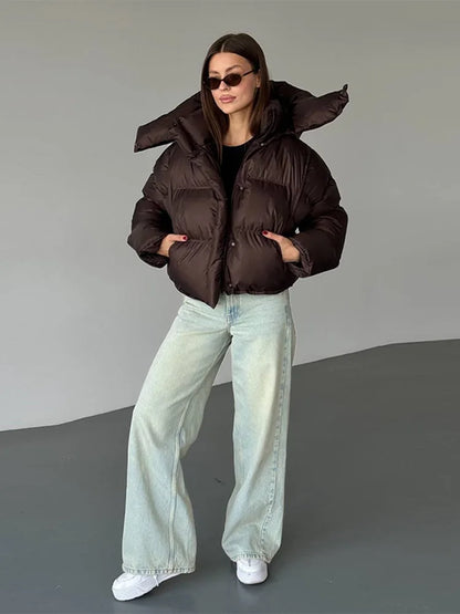 Damen Pufferjacke Kurz Kapuze Winter - IdealeKleiden