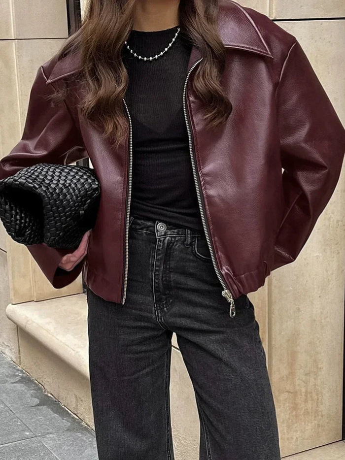 Veste en cuir végane élégante pour femme en cuir noir