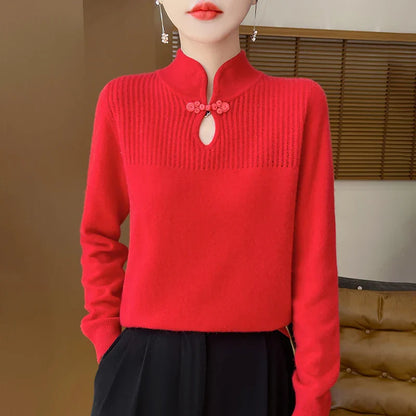 Robe élégante en laine mérinos col mandarin