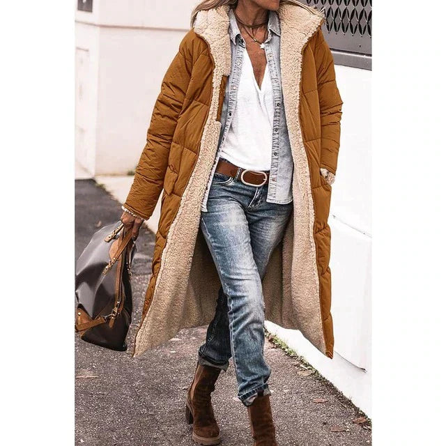 Reversibel Puffermantel Damen Lang Kapuze Fleece - IdealeKleiden