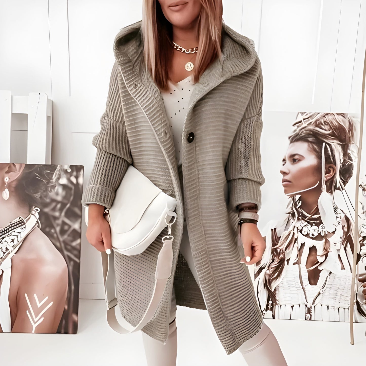 Gilet long femme manches longues boutonné