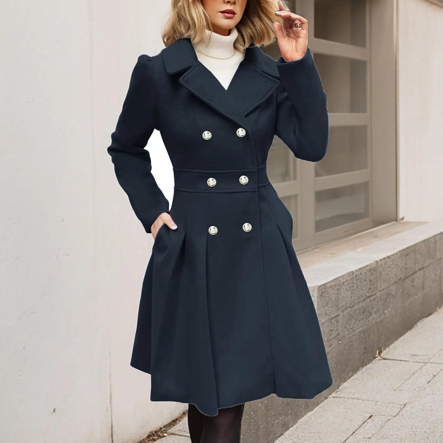 Manteau d'hiver élégant pour femme, double boutonnage, boutons dorés