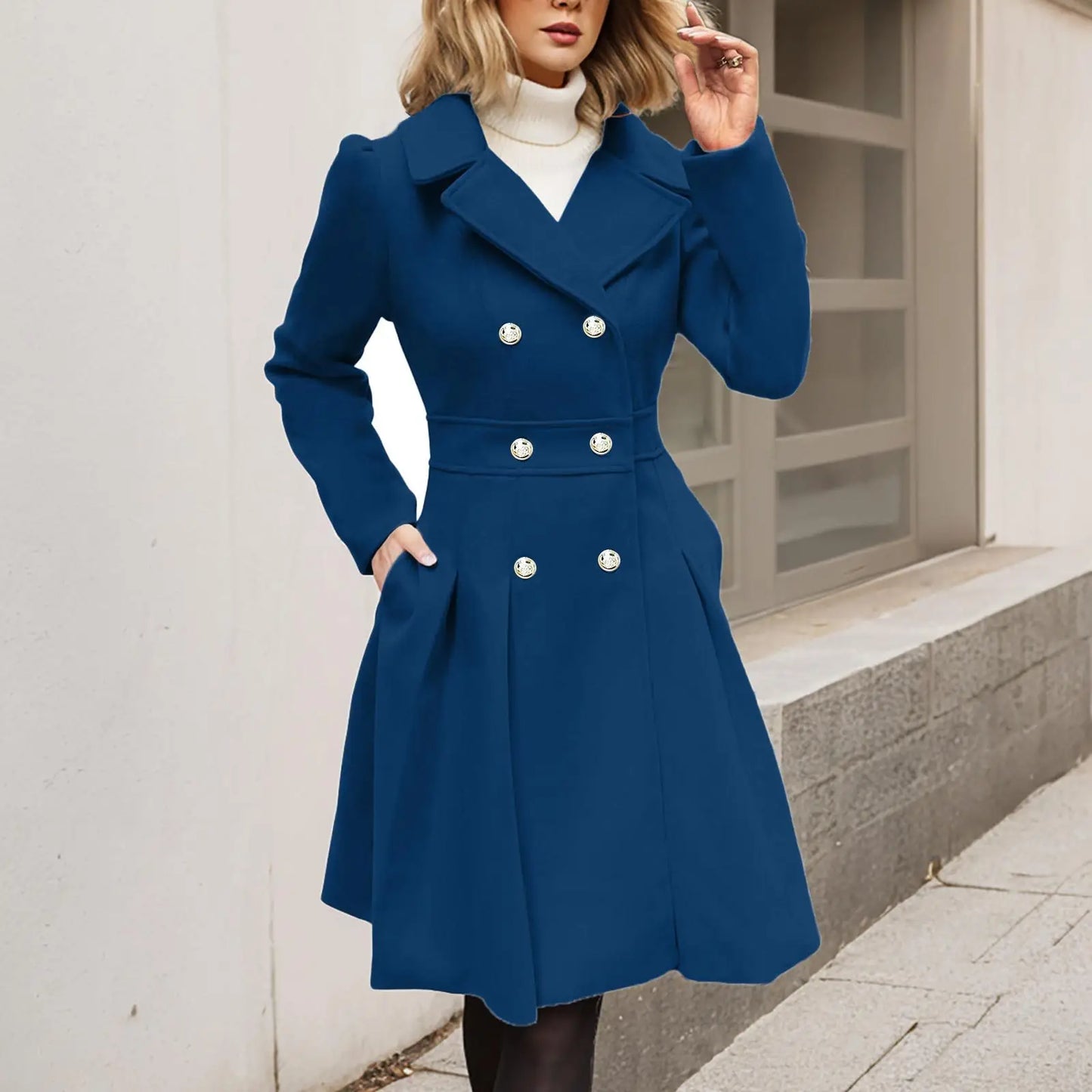 Manteau d'hiver élégant pour femme, double boutonnage, boutons dorés