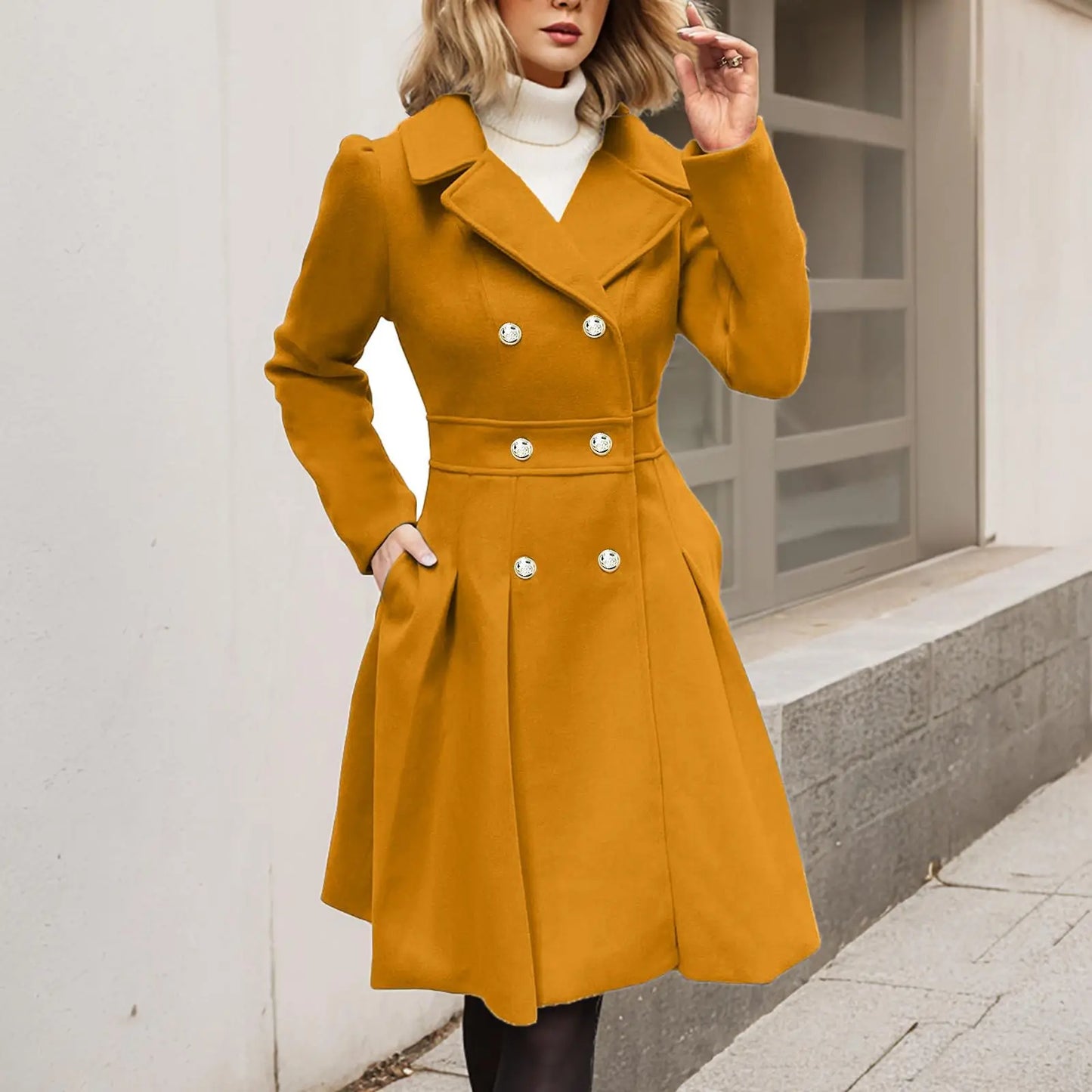 Manteau d'hiver élégant pour femme, double boutonnage, boutons dorés