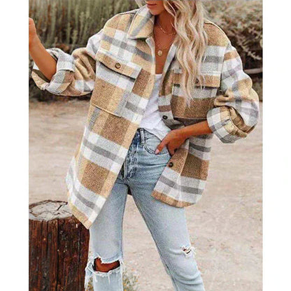 Grand manteau d'hiver à carreaux pour femme à manches longues