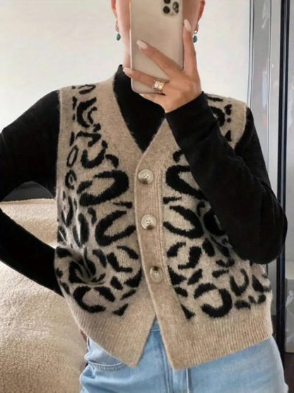 Gilet en tricot pour femme imprimé léopard fermeture boutonnée