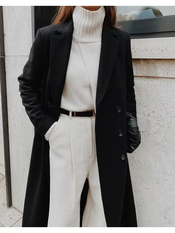Manteau long d'hiver pour femme en laine élégant col revers