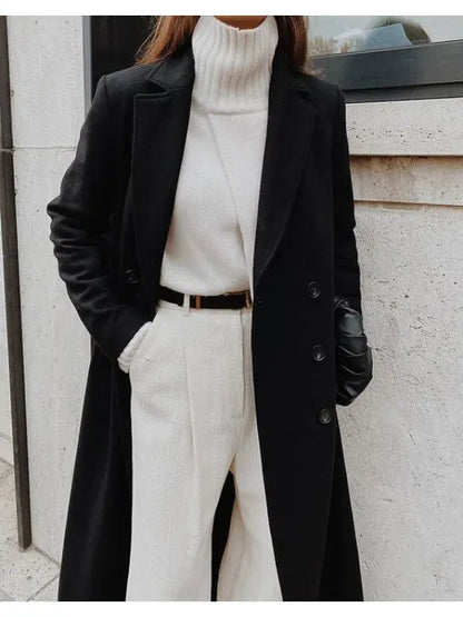 Manteau long d'hiver pour femme en laine élégant col revers