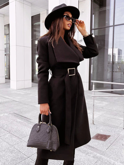 Veste longue en laine pour femme avec ceinture et revers cranté