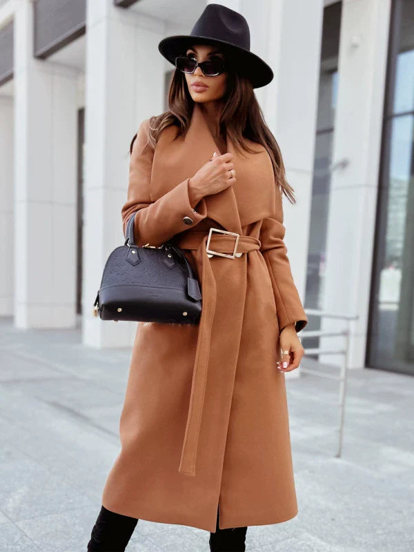 Veste longue en laine pour femme avec ceinture et revers cranté