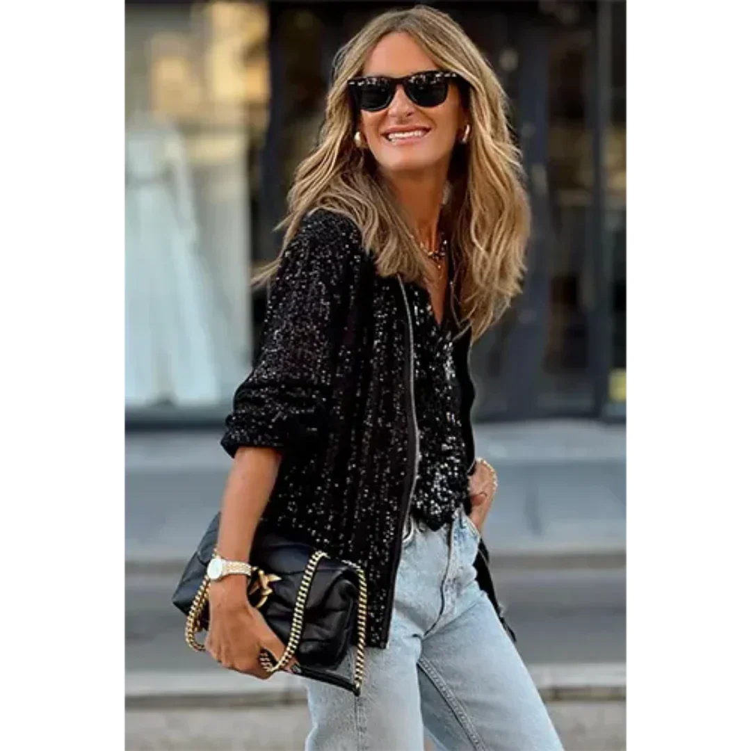 Blouson décontracté glamour à paillettes avec fermeture éclair