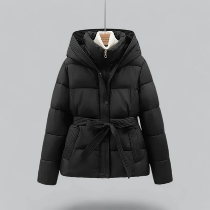 Stylische Damen Pufferjacke Mit Kapuze und Gürtel - IdealeKleiden