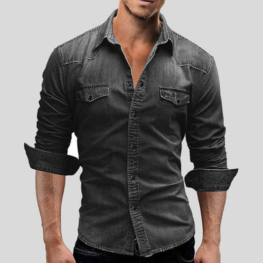 Herren Slimfit Jeanshemd Langarm Knöpfe - IdealeKleiden