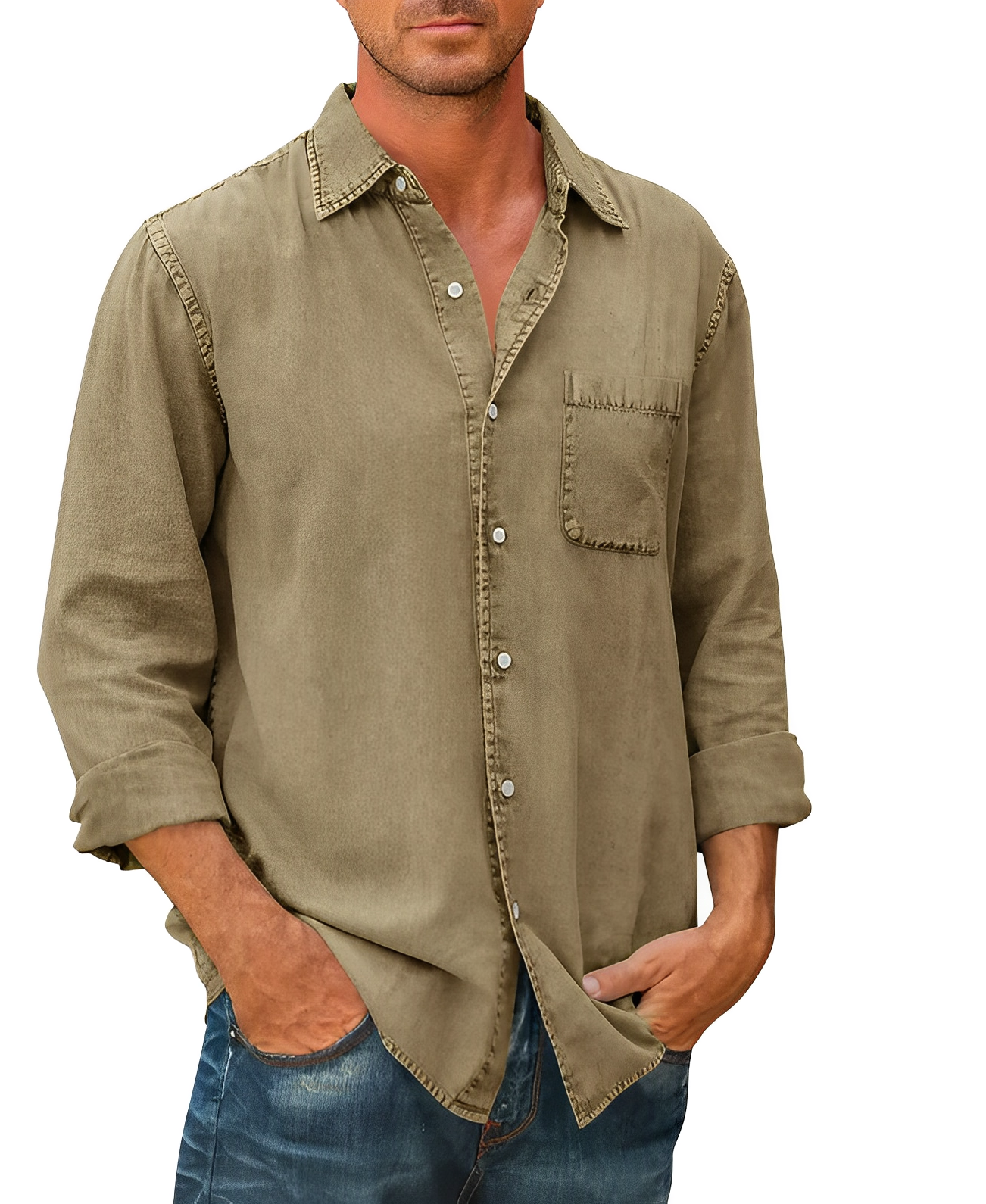 Herren Denim Hemd Langarm Modern Kragen - IdealeKleiden