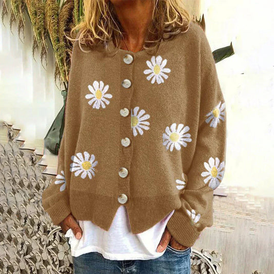 Damen Strickjacke Langarm Blumenmuster Elegance - IdealeKleiden