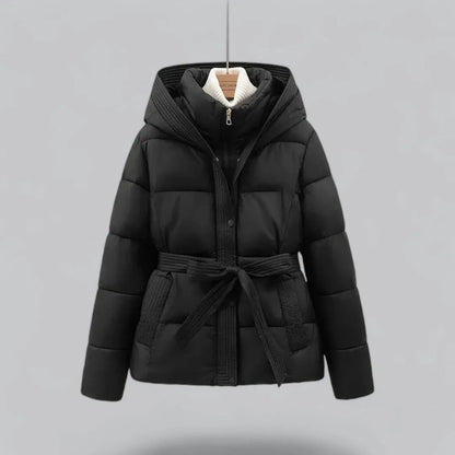 Stylische Winterjacke Kapuze Gürtel - IdealeKleiden