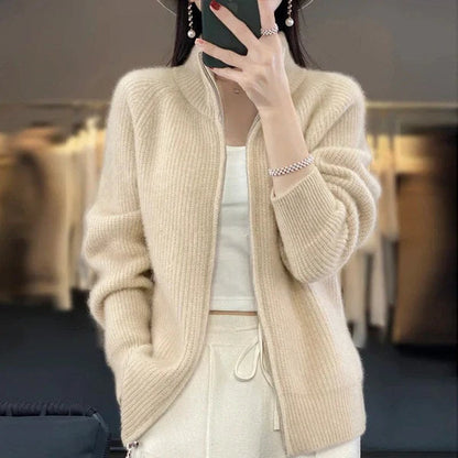 Cardigan de luxe pour femme avec fermeture éclair et col montant