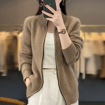 Cardigan de luxe pour femme avec fermeture éclair et col montant