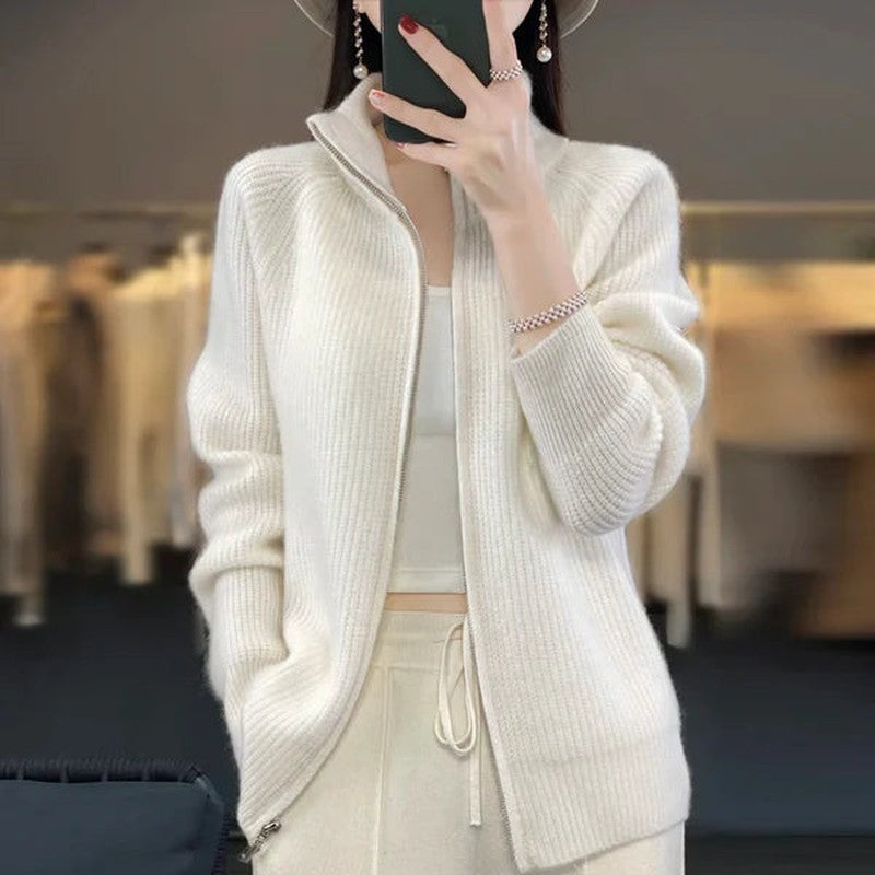 Cardigan de luxe pour femme avec fermeture éclair et col montant