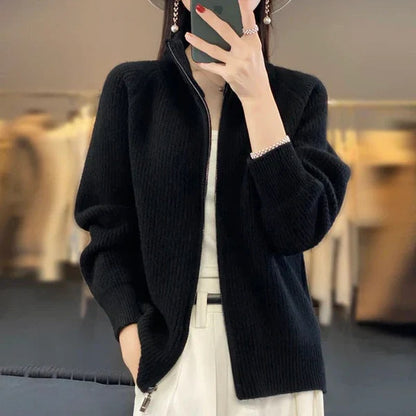 Cardigan de luxe pour femme avec fermeture éclair et col montant