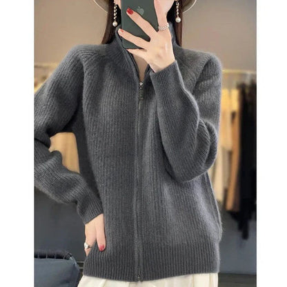 Cardigan de luxe pour femme avec fermeture éclair et col montant