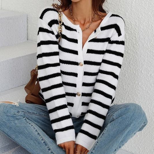 Damen Cardigan Streifenmuster Weich und Bequem - IdealeKleiden