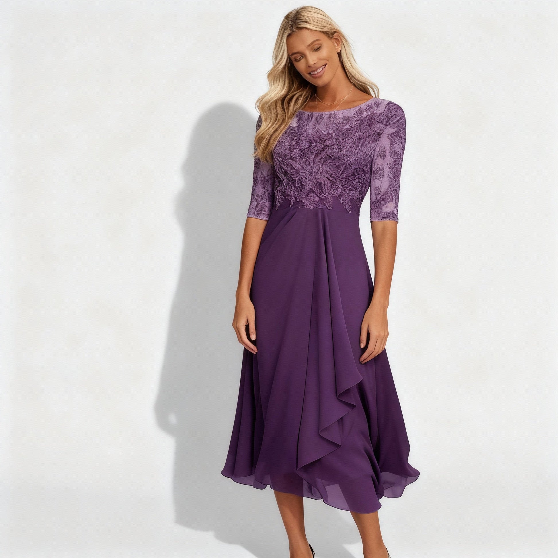 Elegantes Damen Chiffon Kleid Midi Länge - IdealeKleiden