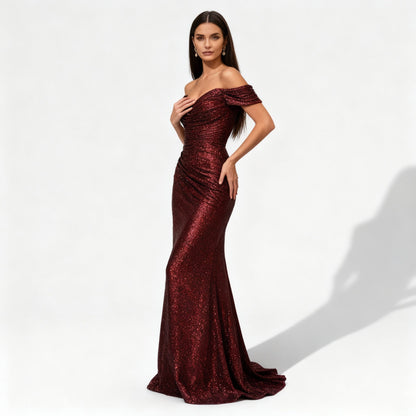 Robe de soirée glamour à paillettes et épaules dénudées pour femme