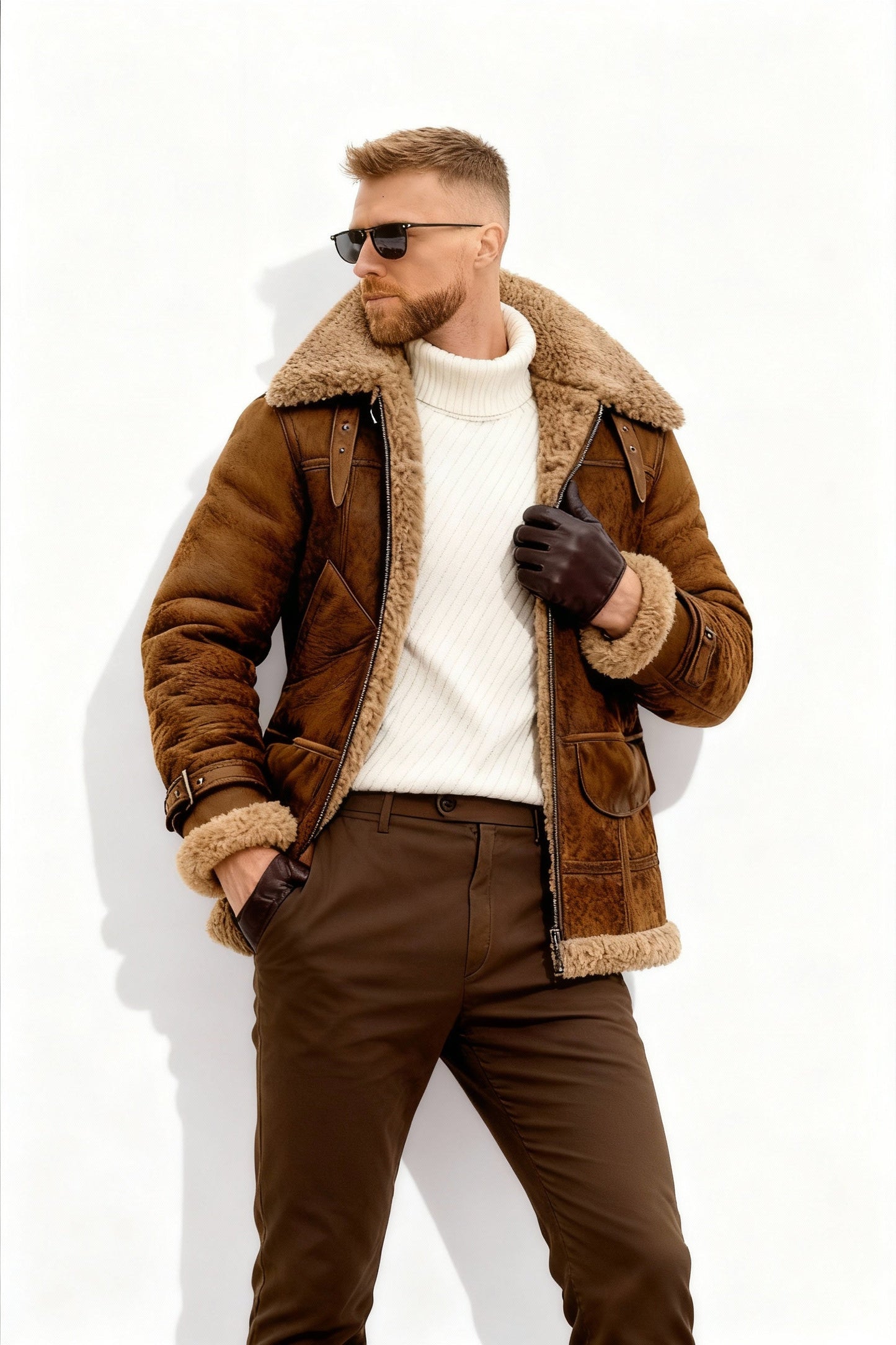 Blouson Aviateur Homme Doublé Chaud Camel Marron