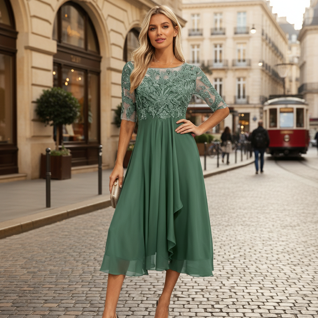 Leichtes Sommer Midi Kleid Chiffon - IdealeKleiden