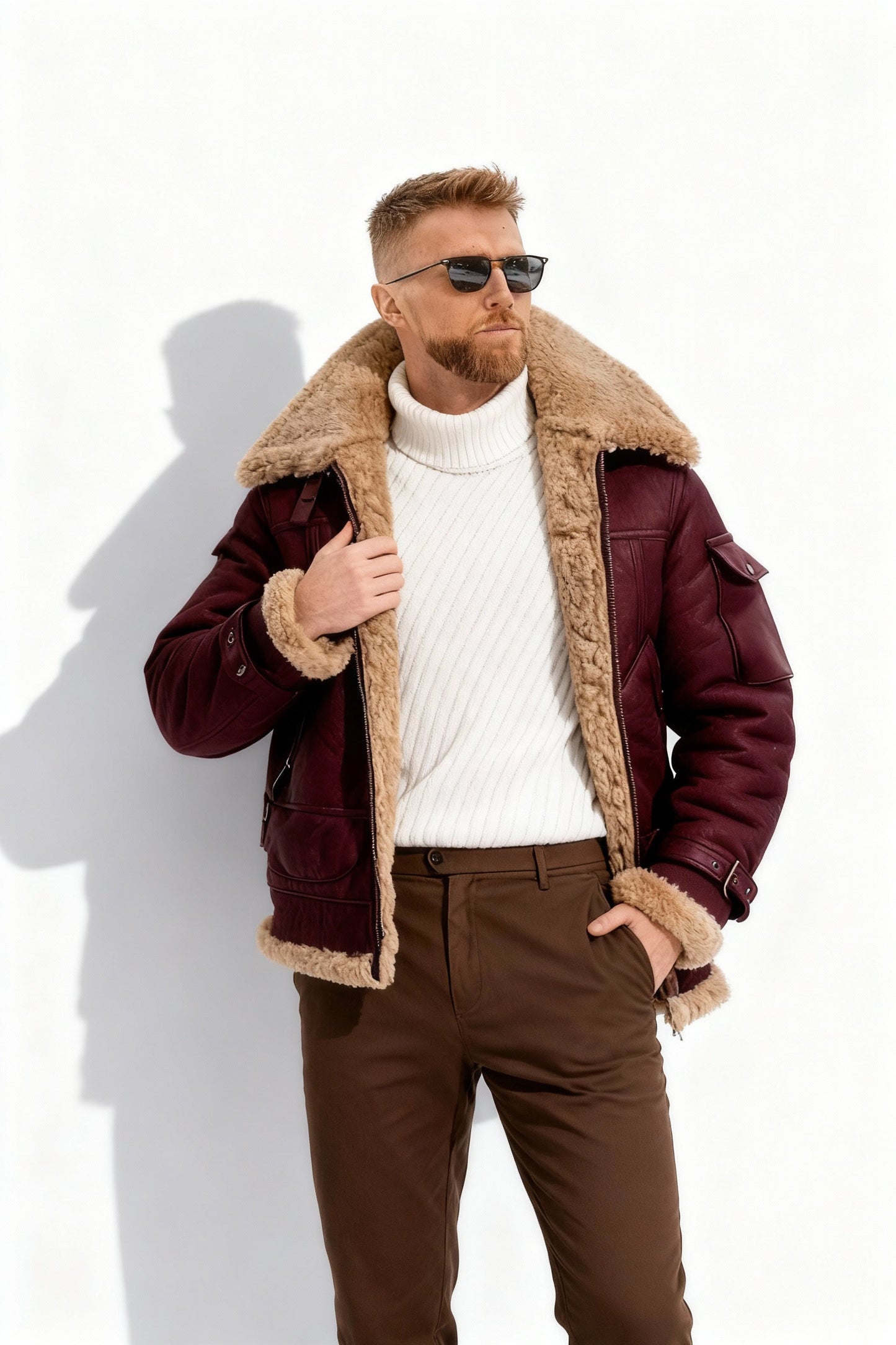Blouson Aviateur Homme Doublé Chaud Camel Marron