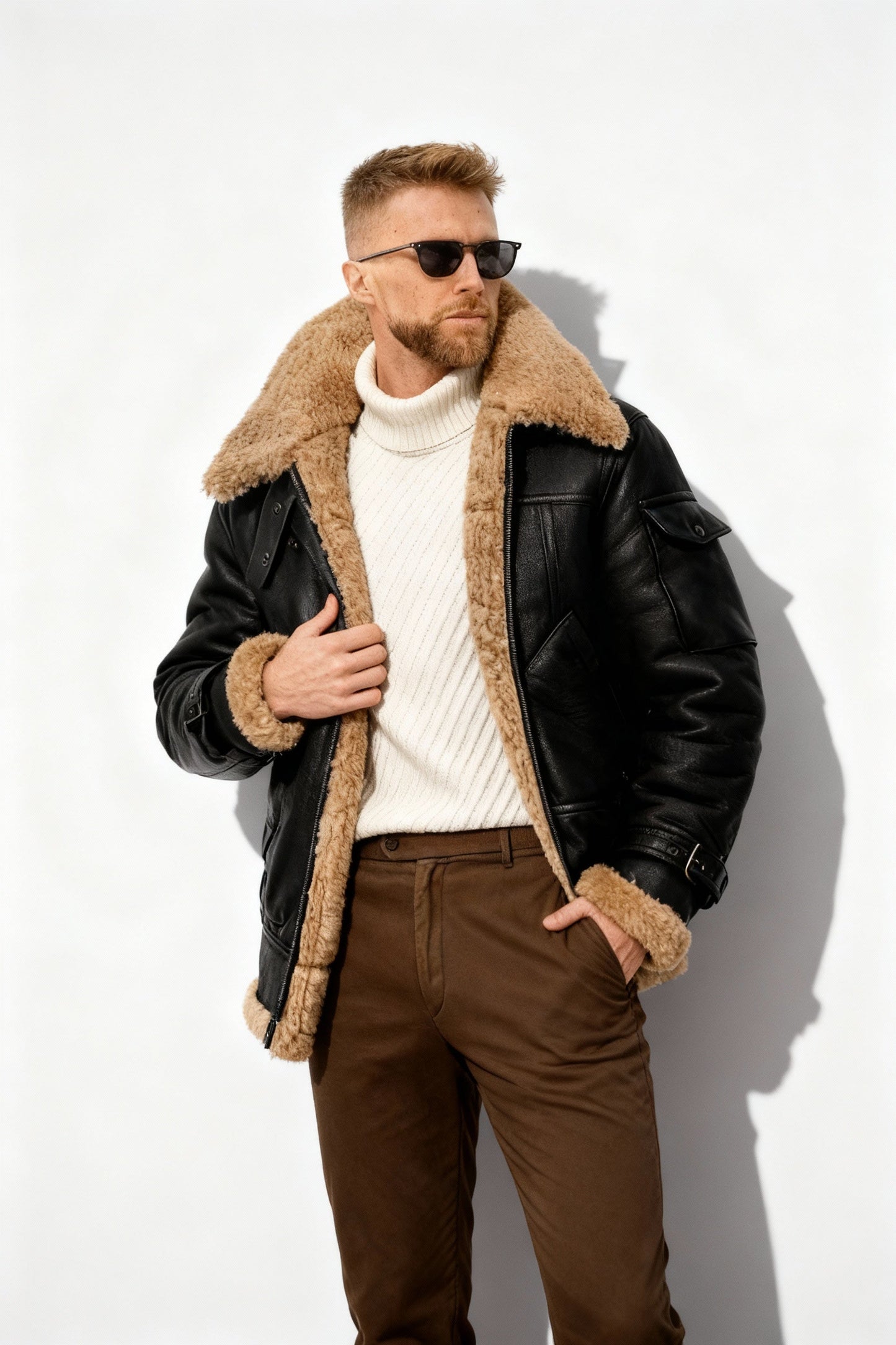 Blouson Aviateur Homme Doublé Chaud Camel Marron
