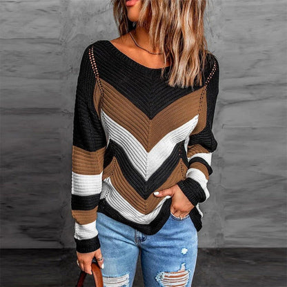 Pull tricoté pour femme, style patchwork aux couleurs automnales