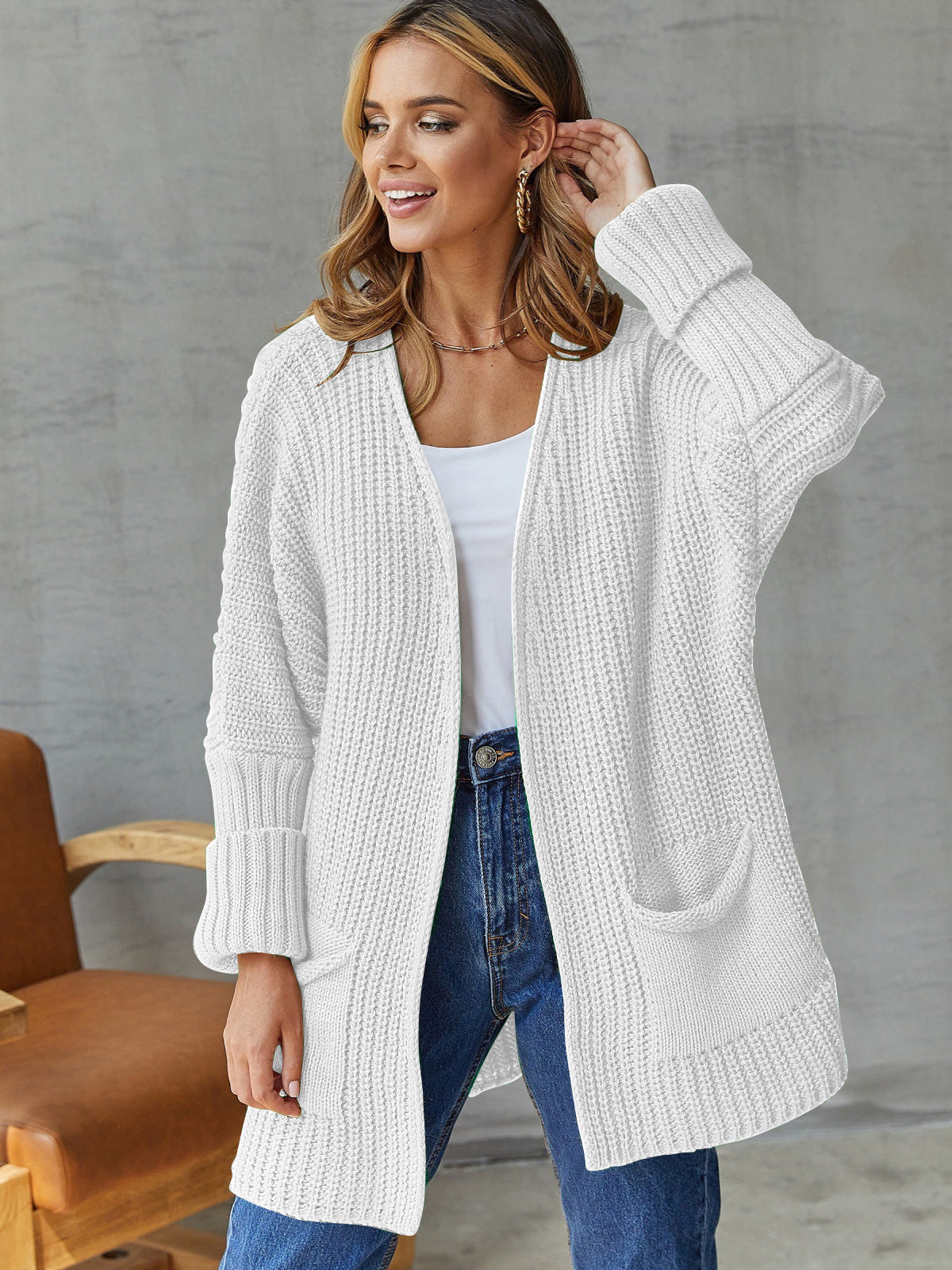 Cardigan ouvert pour femme avec poches et manches longues