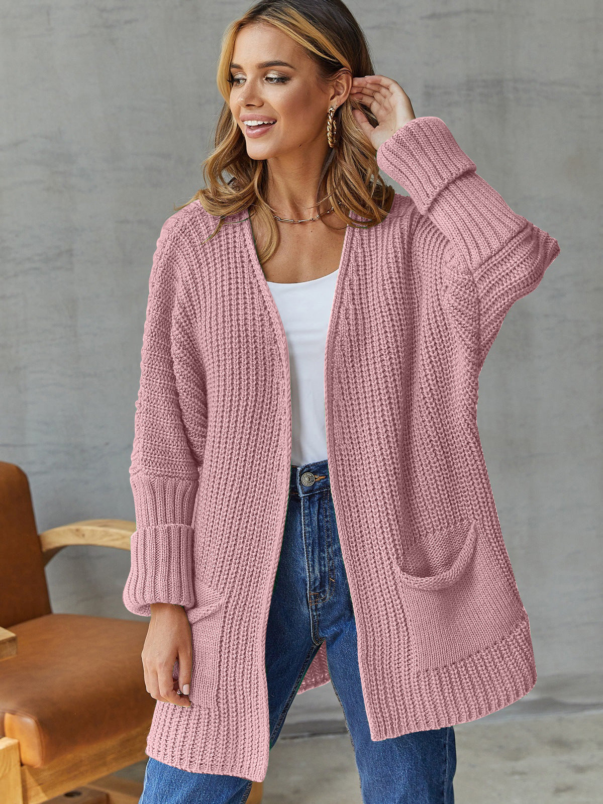 Cardigan ouvert pour femme avec poches et manches longues