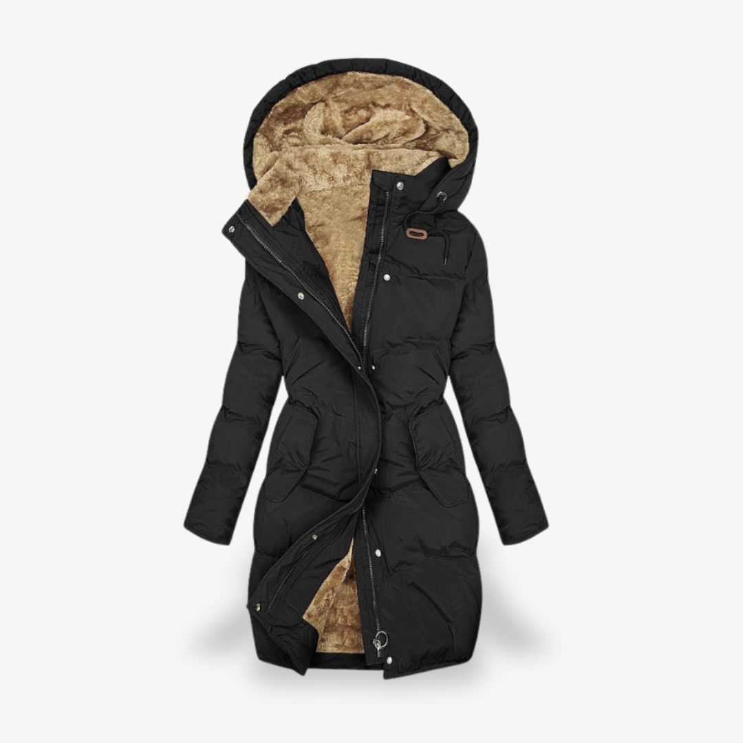 Veste d'hiver longue femme à capuche, douce et isolée