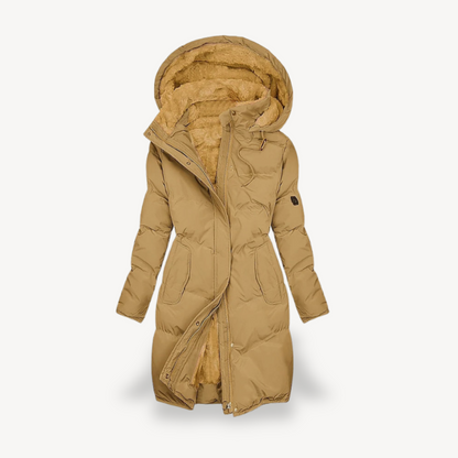 Veste d'hiver longue femme à capuche, douce et isolée
